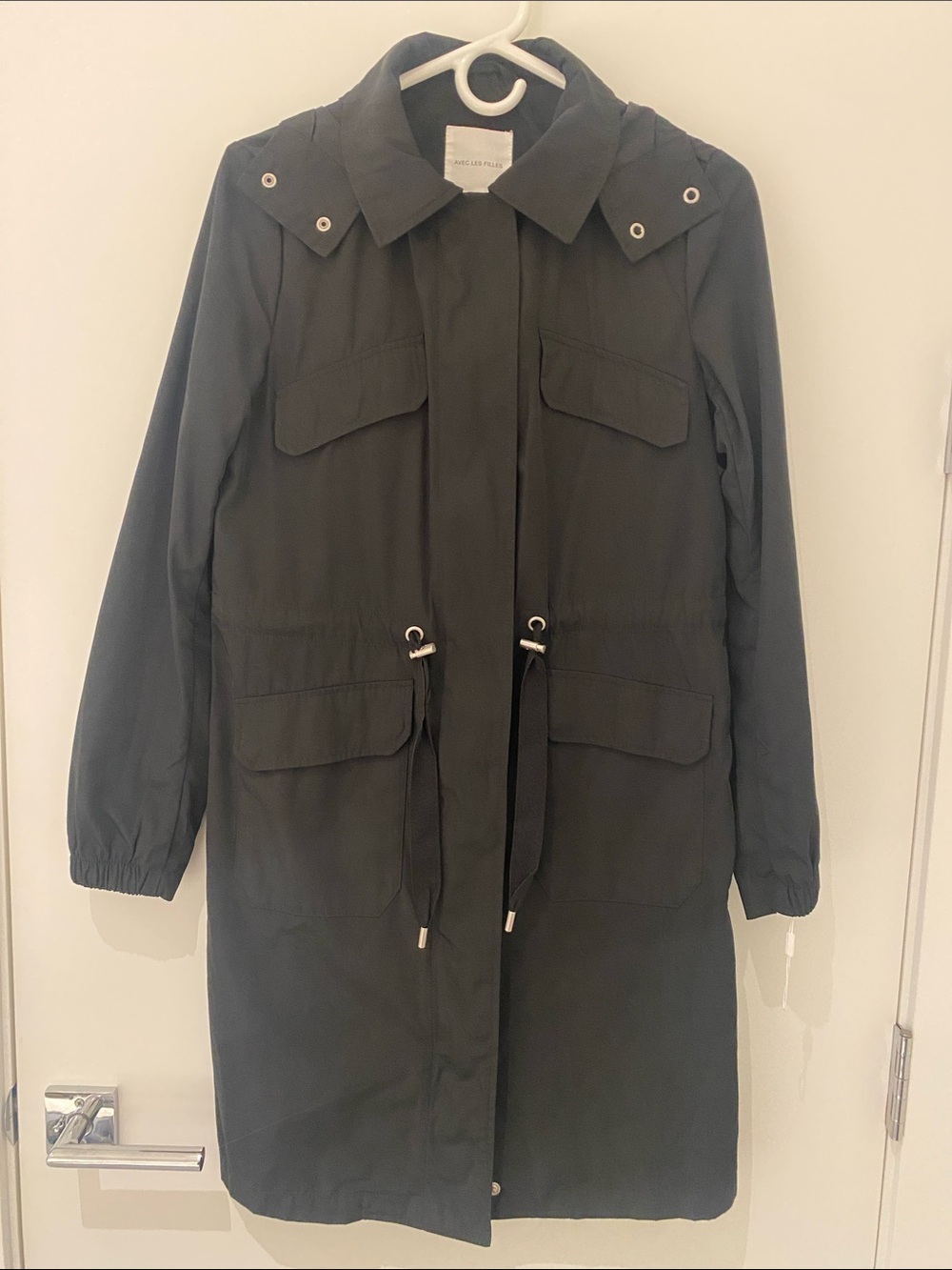 NWOT Avec Les Filles Black Rain Coat Utility Jacket Removable Hood Size XS